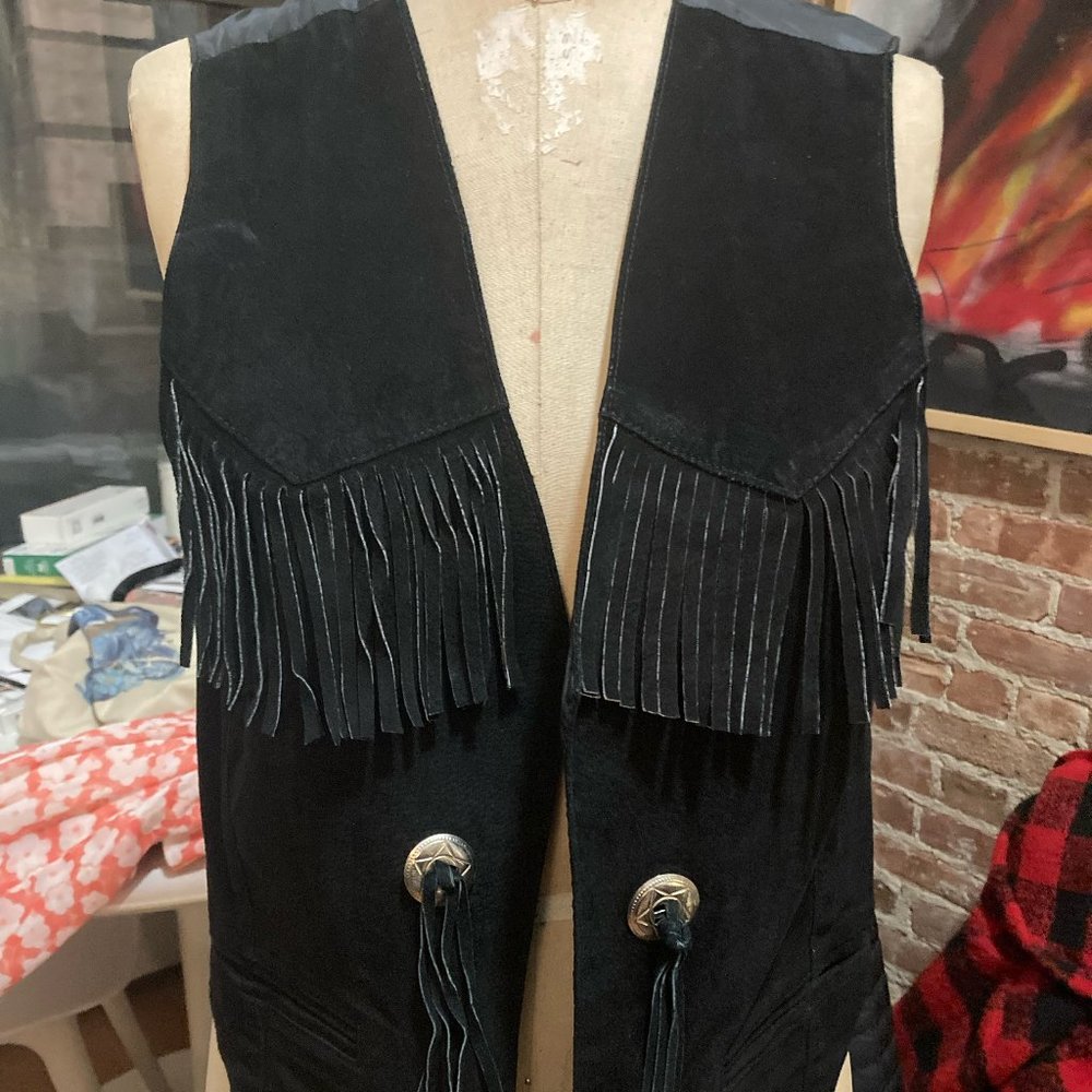 Vintage Western Bolero, Black Suede Vest with Fringe and Tassles size M